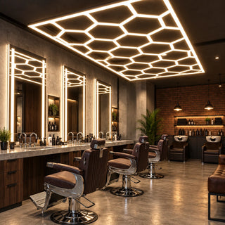 ACOS Paris Barber Hexagon LED Ceiling Light 720W installed in a modern barbershop